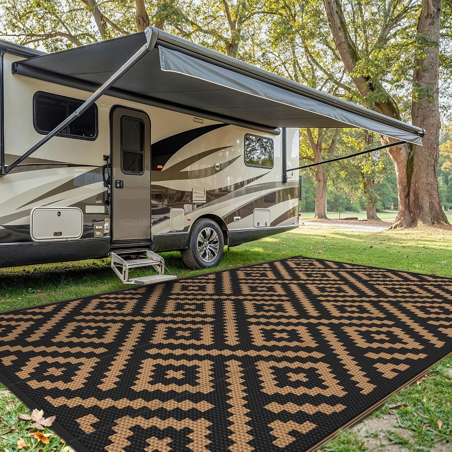 Outdoor Rug, Waterproof Plastic Rugs 10'X20' for Camping Black Brown | outside Larger Modern Carpet Mat for Patio Decor, RV, Porch, Camper, Deck, Picnic, Beach, Backyard, Reversible, Foldable