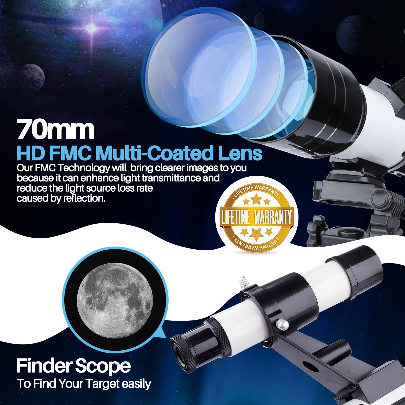 Telescope for Adults, 70Mm Astronomical Telescope Refractor Telescope for Moon Viewing Stargazing, Kids Beginner Portable Compact Travel Telescope for Camping Outdoor Use Easy Setup