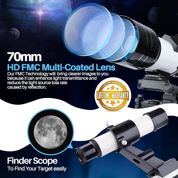 Telescope for Adults, 70Mm Astronomical Telescope Refractor Telescope for Moon Viewing Stargazing, Kids Beginner Portable Compact Travel Telescope for Camping Outdoor Use Easy Setup