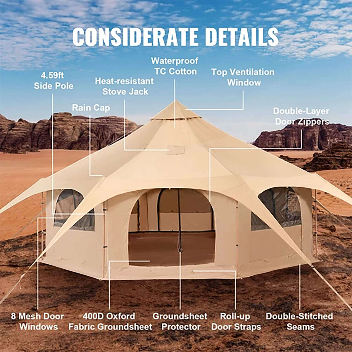 16FT Large Premium 4-Season 8-Person Bell Yurt Tent With Stove Jack (SAK75947)