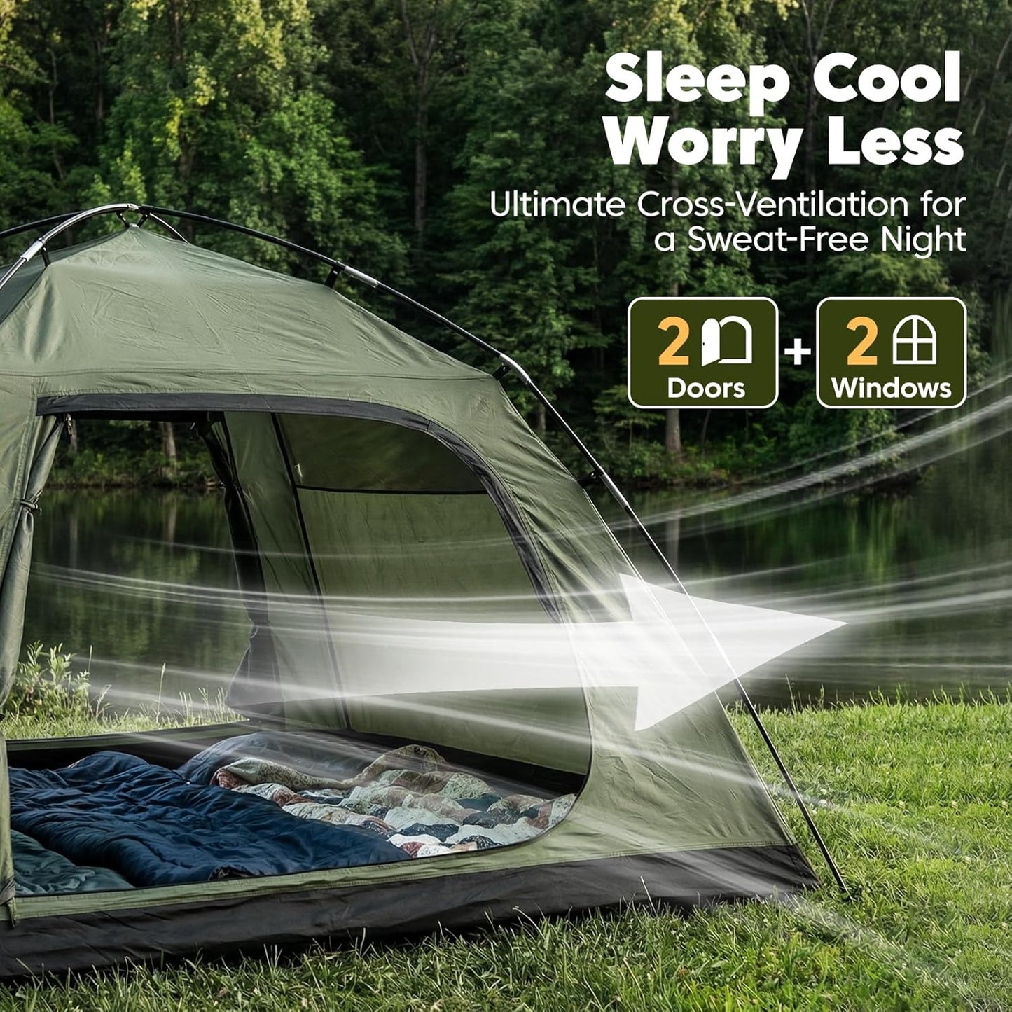 Tent 4 Person Tents for Camping with 2 Doors & Rainfly | Portable Waterproof & Windproof Tents, Large Mesh Ventilation, Easy Setup Family Tent for Camping, Hiking and Backpacking