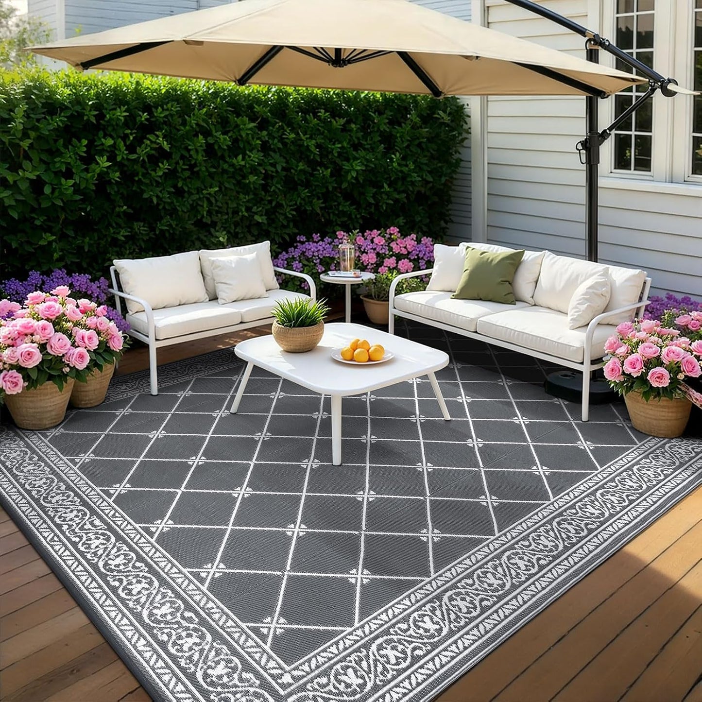 Outdoor Rug Waterproof Washable Extra Large Reversible Sandproof Outdoor Patio Rugs outside Mat for RV, Patios, Deck, Beach, Camping (Classic Grey, 10'X14')