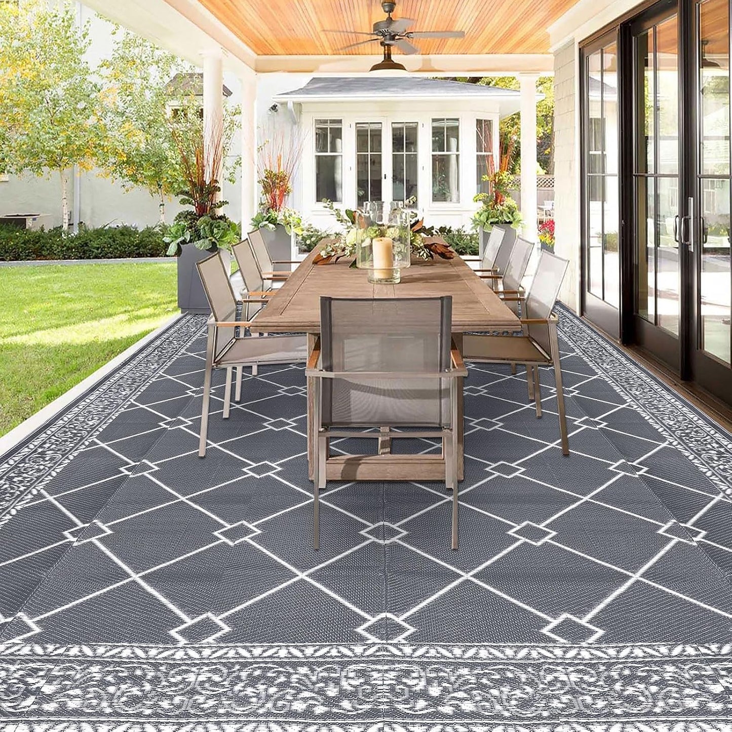 Outdoor Rug Waterproof Washable Extra Large Reversible Sandproof Outdoor Patio Rugs outside Mat for RV, Patios, Deck, Beach, Camping (Classic Grey, 10'X14')