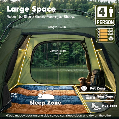 Tent 4 Person Tents for Camping with 2 Doors & Rainfly | Portable Waterproof & Windproof Tents, Large Mesh Ventilation, Easy Setup Family Tent for Camping, Hiking and Backpacking