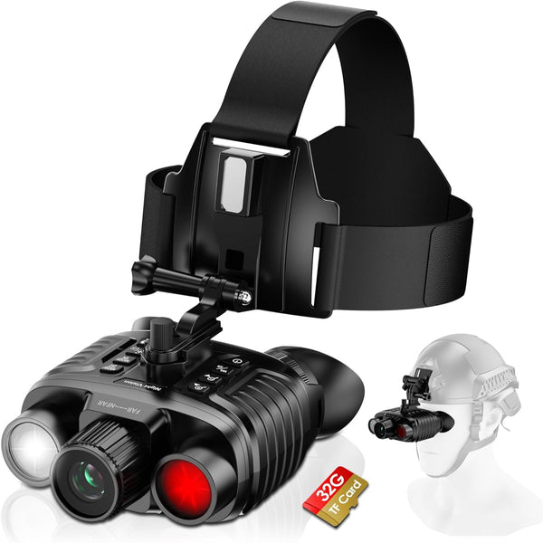Night Vision Goggles, Upgraded Head-Mounted Night Vision Binoculars with Infrared, Tactical Flashlight, Built-In Compass, Key Backlight, 32GB Card, 8X Digital Zoom