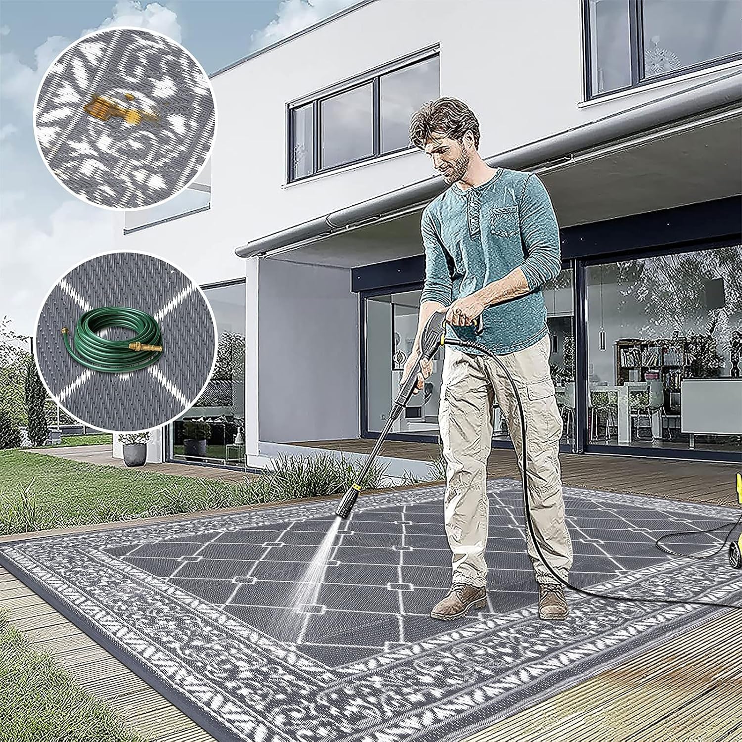 Outdoor Rug Waterproof Washable Extra Large Reversible Sandproof Outdoor Patio Rugs outside Mat for RV, Patios, Deck, Beach, Camping (Classic Grey, 10'X14')