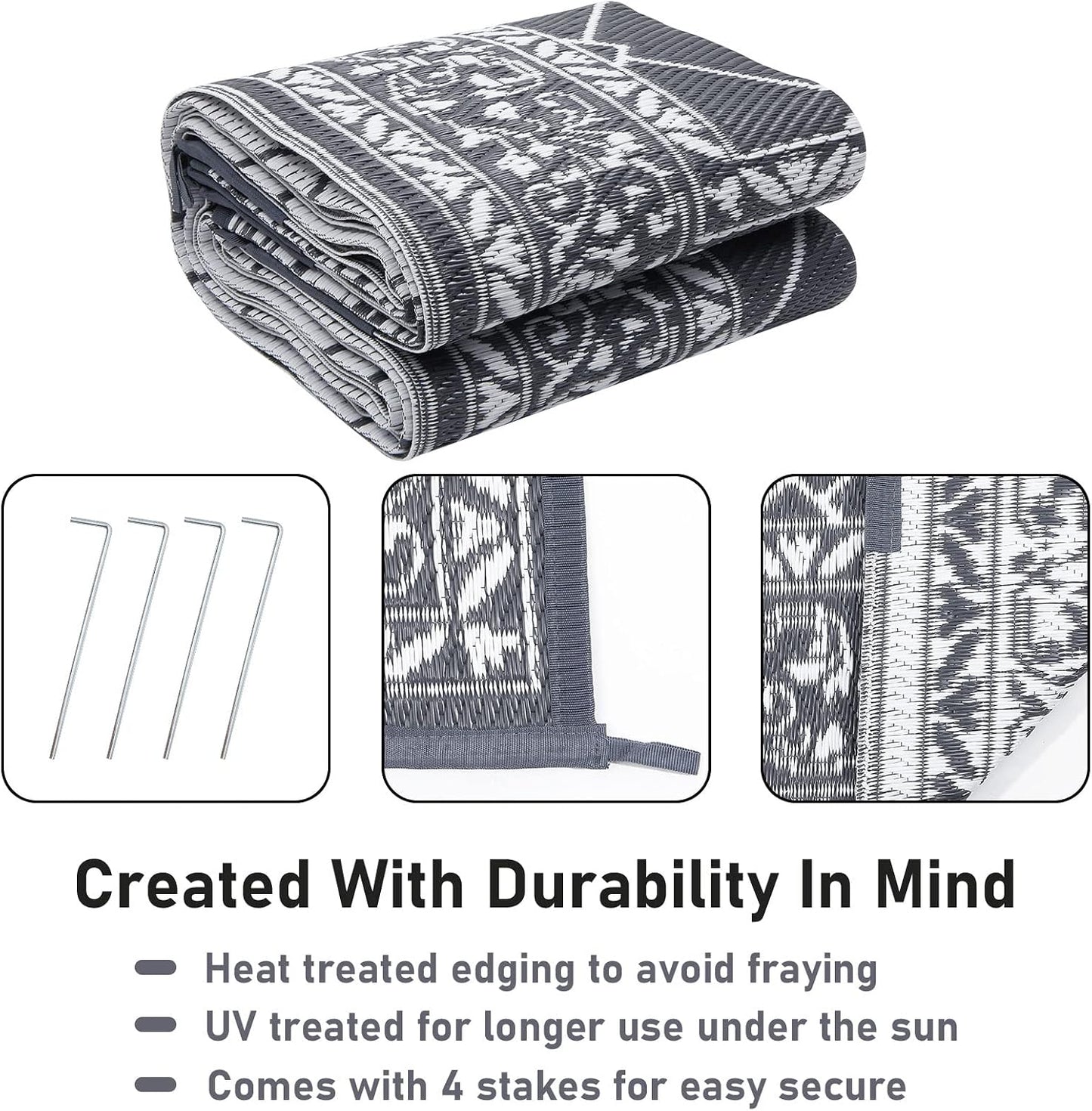 Outdoor Rug Waterproof Washable Extra Large Reversible Sandproof Outdoor Patio Rugs outside Mat for RV, Patios, Deck, Beach, Camping (Classic Grey, 10'X14')