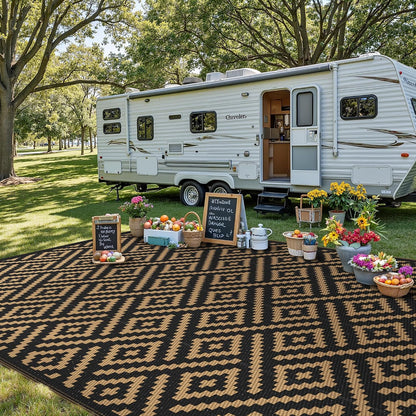 Outdoor Rug, Waterproof Plastic Rugs 10'X20' for Camping Black Brown | outside Larger Modern Carpet Mat for Patio Decor, RV, Porch, Camper, Deck, Picnic, Beach, Backyard, Reversible, Foldable