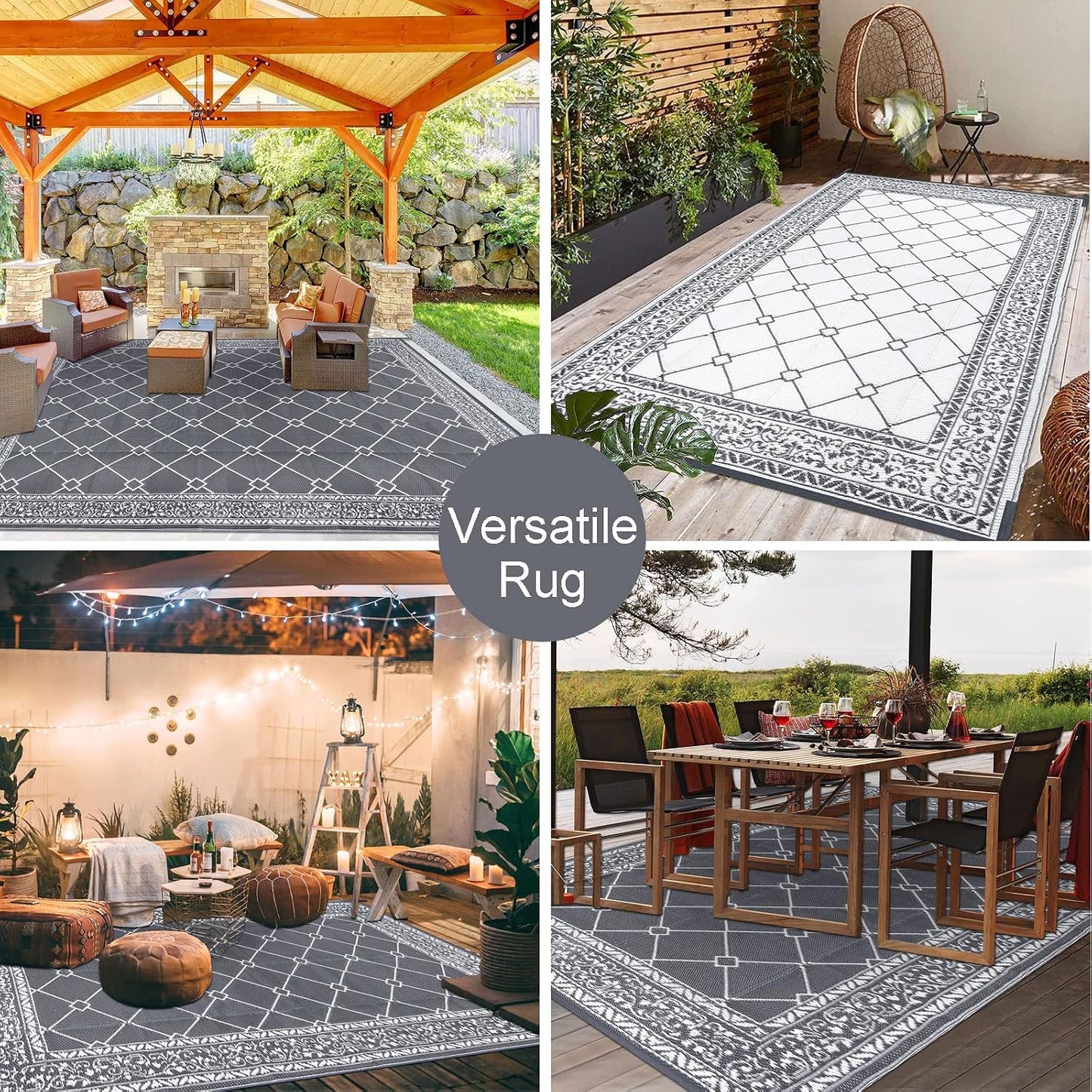 Outdoor Rug Waterproof Washable Extra Large Reversible Sandproof Outdoor Patio Rugs outside Mat for RV, Patios, Deck, Beach, Camping (Classic Grey, 10'X14')