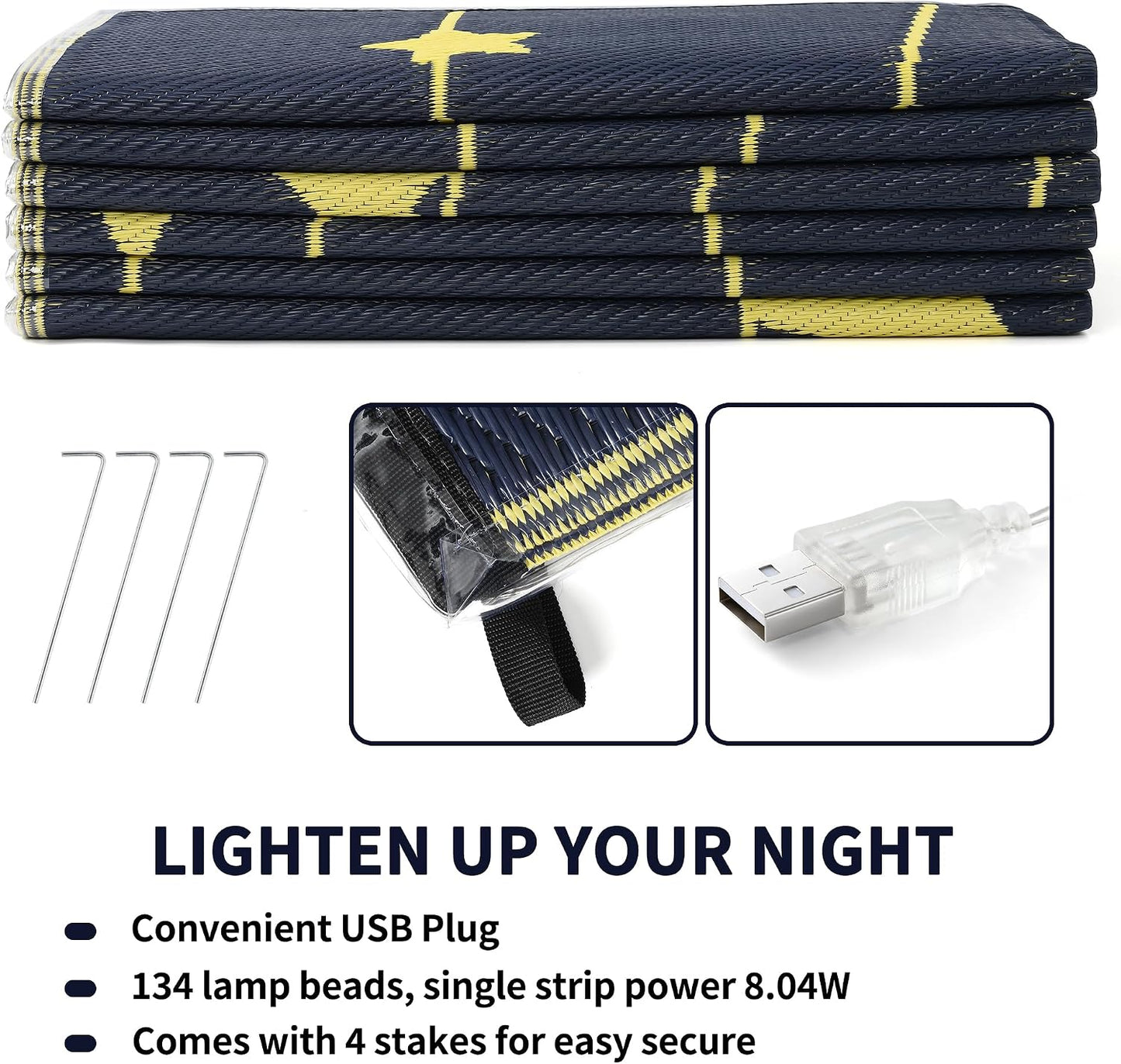 LED Outdoor Rugs, Plastic Straw Rug Glow in the Night, Waterproof Outdoor Camping Rugs, Quick Drying Picnic Rug, Sand Free Reversible Beach Mats, 9 X 12 Feet