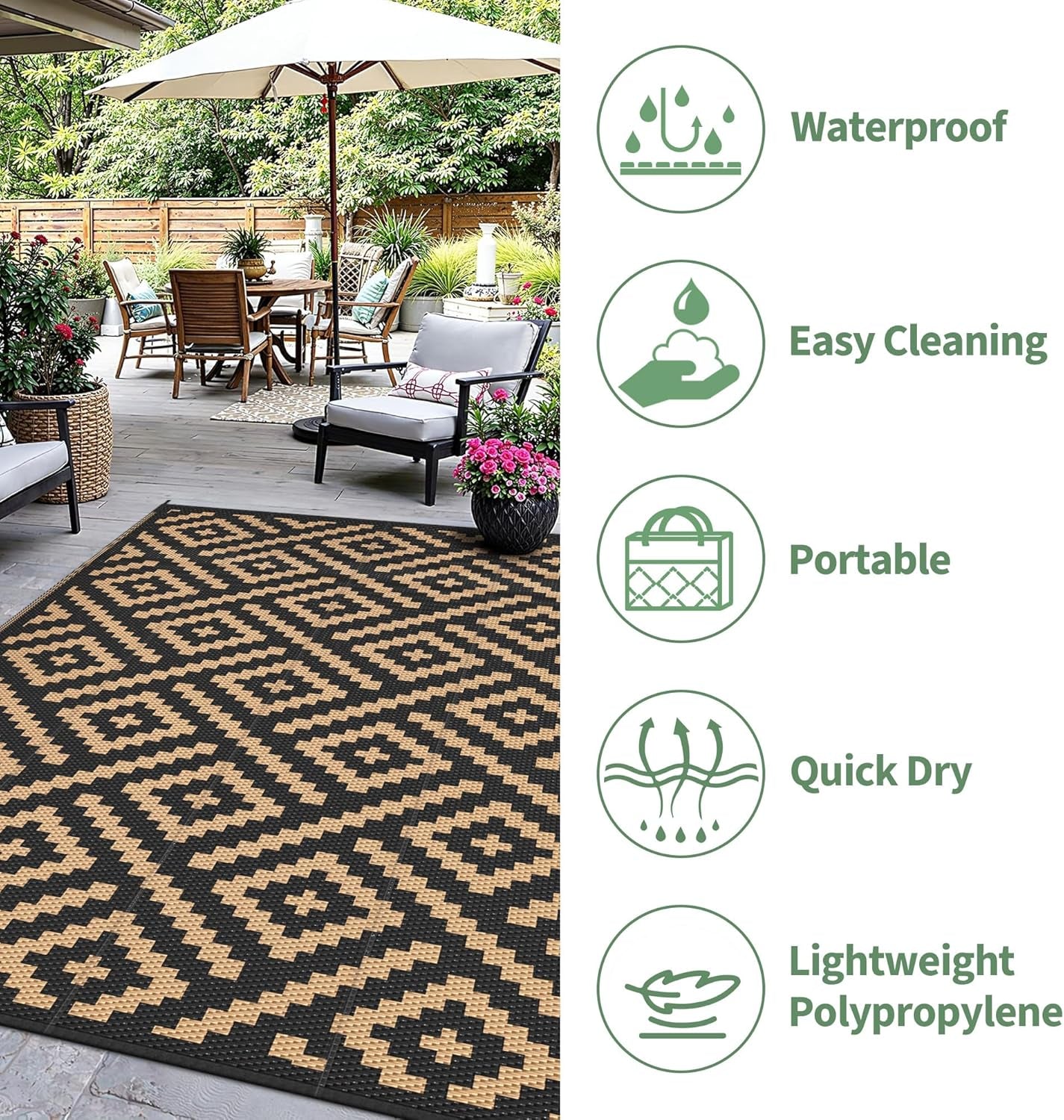 Outdoor Rug, Waterproof Plastic Rugs 10'X20' for Camping Black Brown | outside Larger Modern Carpet Mat for Patio Decor, RV, Porch, Camper, Deck, Picnic, Beach, Backyard, Reversible, Foldable