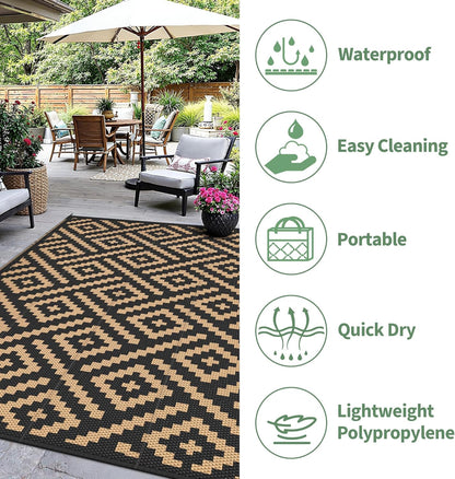 Outdoor Rug, Waterproof Plastic Rugs 10'X20' for Camping Black Brown | outside Larger Modern Carpet Mat for Patio Decor, RV, Porch, Camper, Deck, Picnic, Beach, Backyard, Reversible, Foldable
