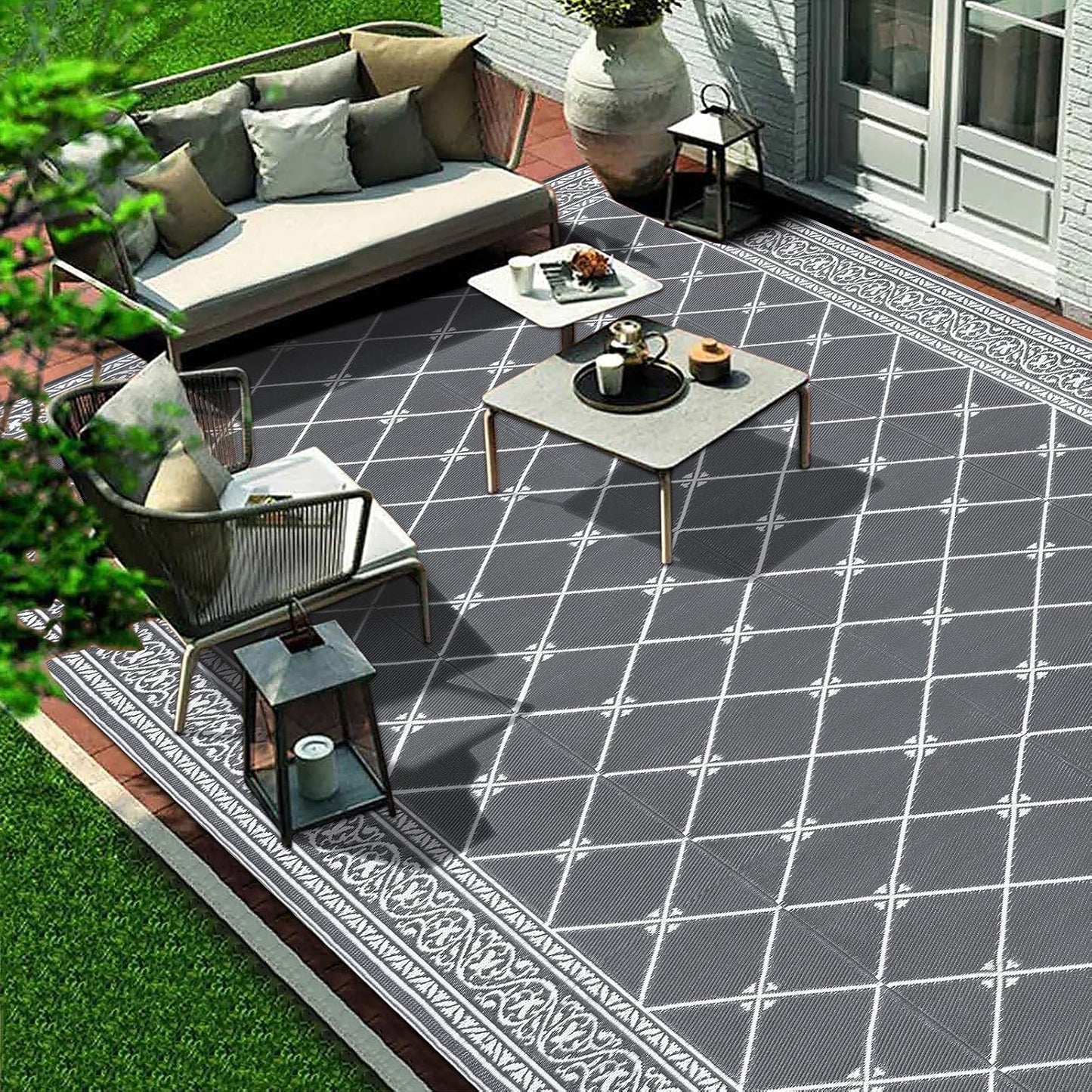 Outdoor Rug Waterproof Washable Extra Large Reversible Sandproof Outdoor Patio Rugs outside Mat for RV, Patios, Deck, Beach, Camping (Classic Grey, 10'X14')