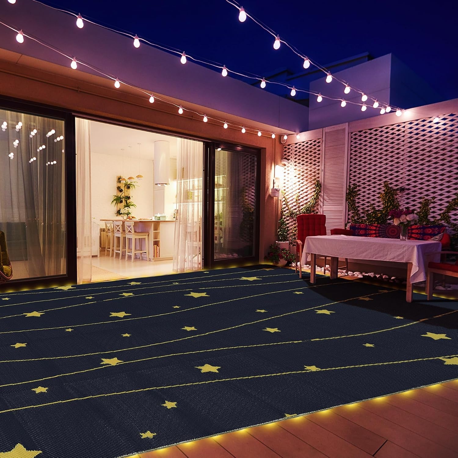 LED Outdoor Rugs, Plastic Straw Rug Glow in the Night, Waterproof Outdoor Camping Rugs, Quick Drying Picnic Rug, Sand Free Reversible Beach Mats, 9 X 12 Feet