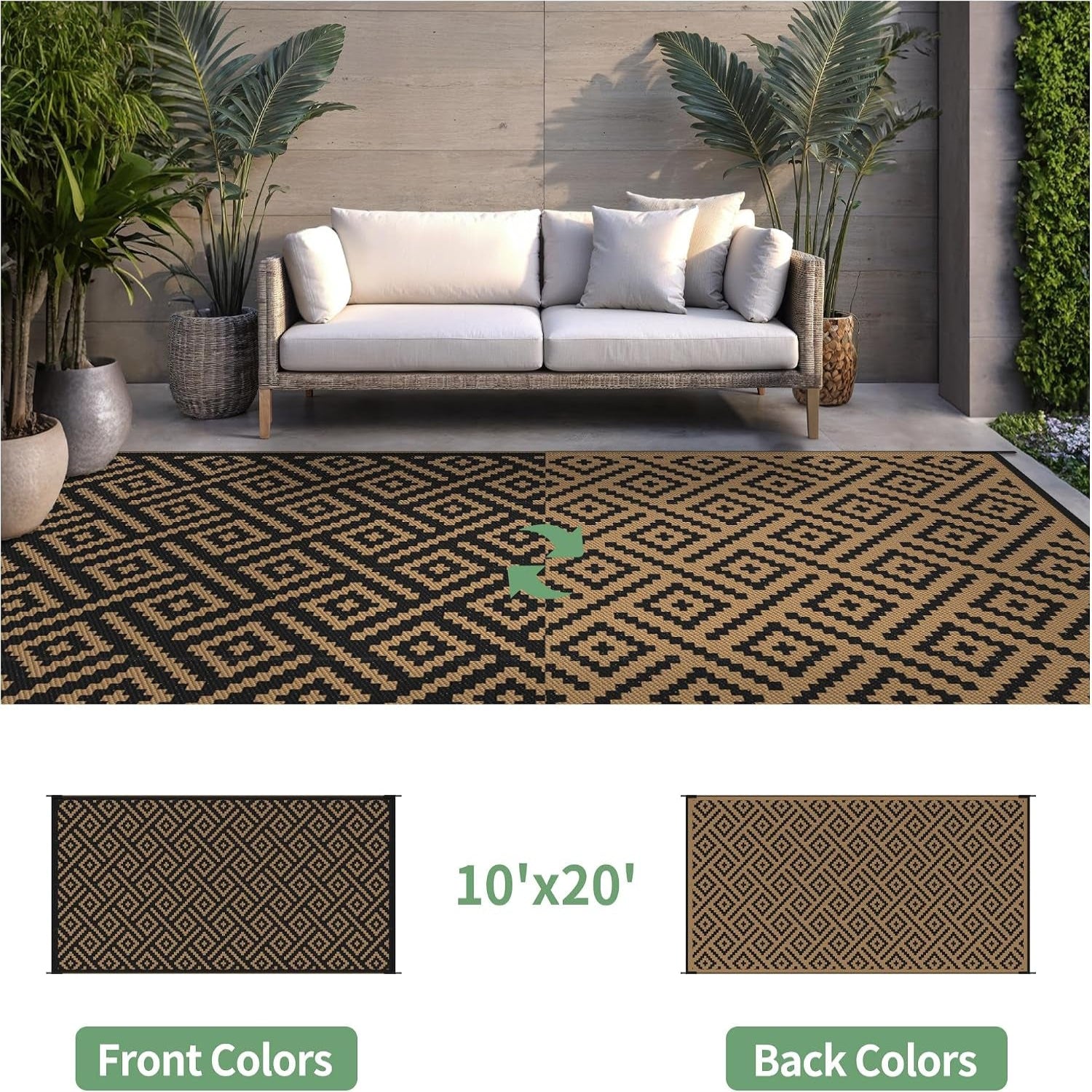 Outdoor Rug, Waterproof Plastic Rugs 10'X20' for Camping Black Brown | outside Larger Modern Carpet Mat for Patio Decor, RV, Porch, Camper, Deck, Picnic, Beach, Backyard, Reversible, Foldable