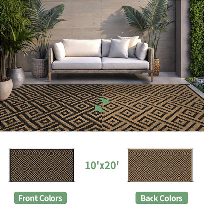 Outdoor Rug, Waterproof Plastic Rugs 10'X20' for Camping Black Brown | outside Larger Modern Carpet Mat for Patio Decor, RV, Porch, Camper, Deck, Picnic, Beach, Backyard, Reversible, Foldable
