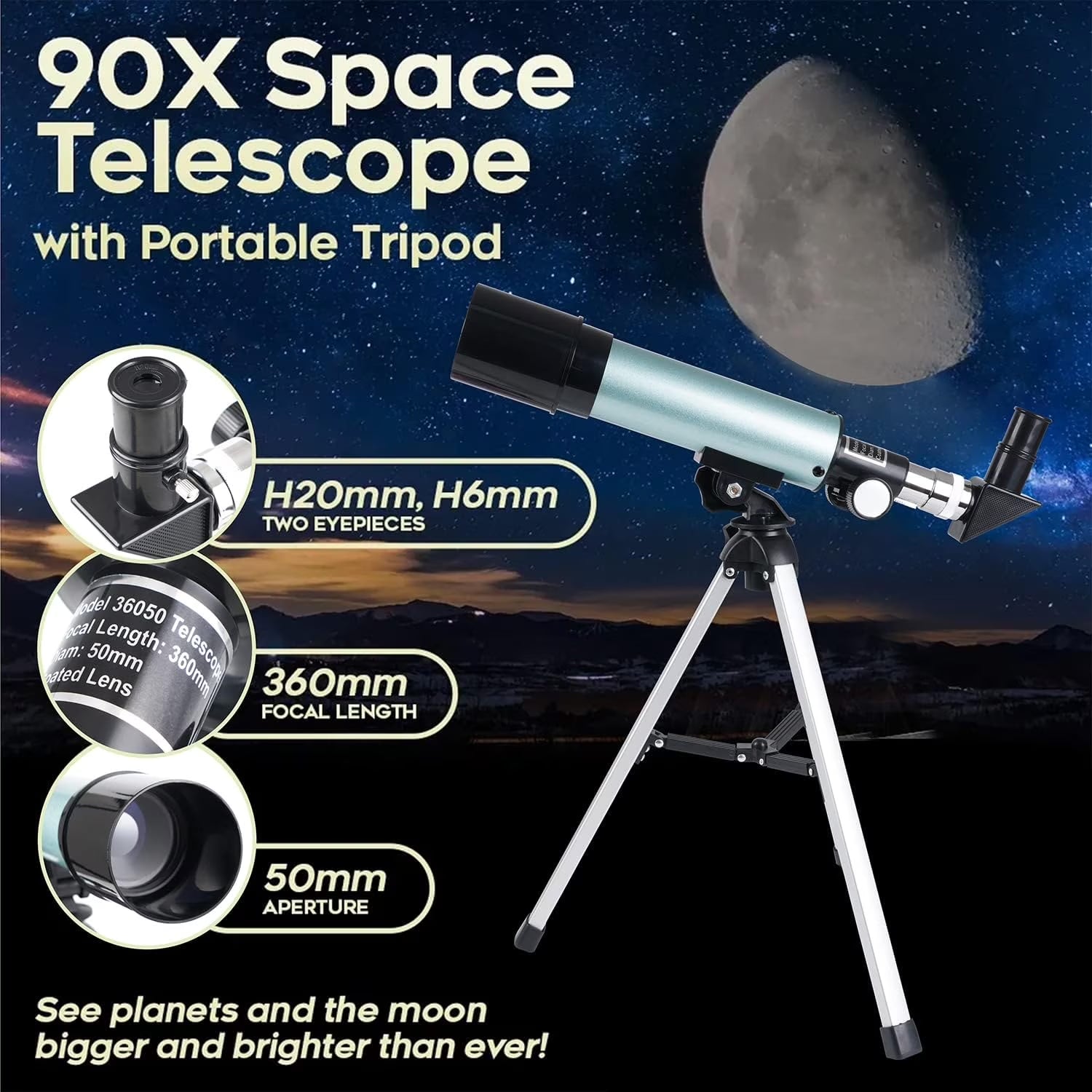 ® Telescope,50/360Mm Refractor Telescope,18X-90X Magnification Telescopes with Tripod,Portable Astronomy Telescope for Kids,Adults,Beginners