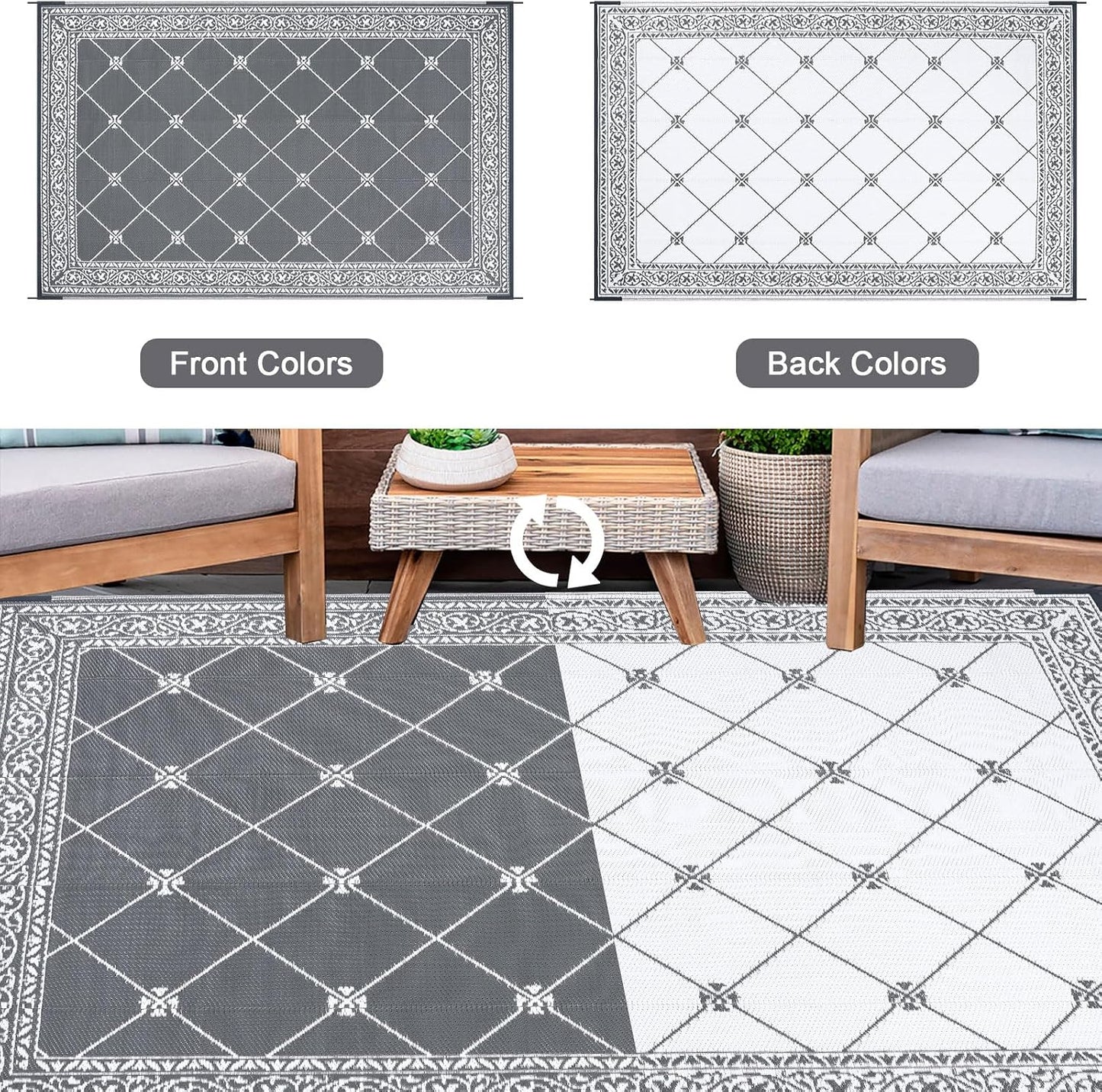 Outdoor Rug Waterproof Washable Extra Large Reversible Sandproof Outdoor Patio Rugs outside Mat for RV, Patios, Deck, Beach, Camping (Classic Grey, 10'X14')