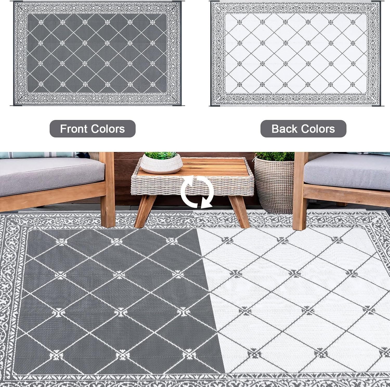 Outdoor Rug Waterproof Washable Extra Large Reversible Sandproof Outdoor Patio Rugs outside Mat for RV, Patios, Deck, Beach, Camping (Classic Grey, 10'X14')