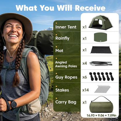 Tent 4 Person Tents for Camping with 2 Doors & Rainfly | Portable Waterproof & Windproof Tents, Large Mesh Ventilation, Easy Setup Family Tent for Camping, Hiking and Backpacking