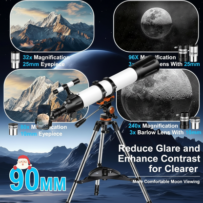 Telescope for Adults High Powered 90Mm Aperture 800Mm (32X-240X), Refractor Telescopes for Astronomy Beginners with AZ Mount Tripod, Phone Adapter, Carry Bag (80090White)
