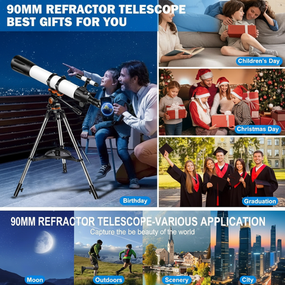 Telescope for Adults High Powered 90Mm Aperture 800Mm (32X-240X), Refractor Telescopes for Astronomy Beginners with AZ Mount Tripod, Phone Adapter, Carry Bag (80090White)