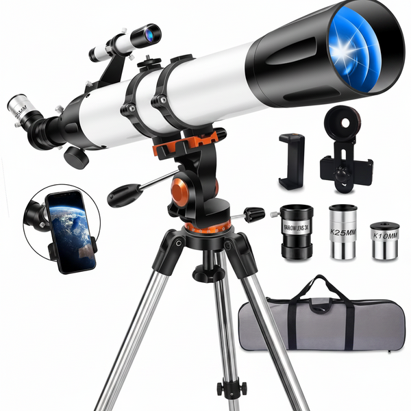 Telescope for Adults High Powered 90Mm Aperture 800Mm (32X-240X), Refractor Telescopes for Astronomy Beginners with AZ Mount Tripod, Phone Adapter, Carry Bag (80090White)