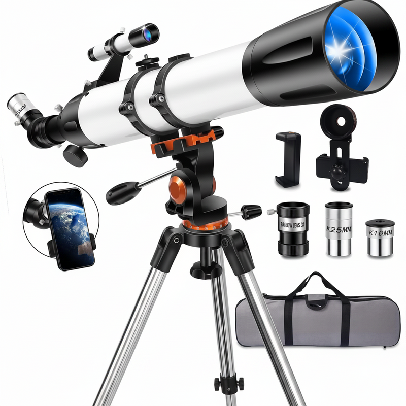 Telescope for Adults High Powered 90Mm Aperture 800Mm (32X-240X), Refractor Telescopes for Astronomy Beginners with AZ Mount Tripod, Phone Adapter, Carry Bag (80090White)